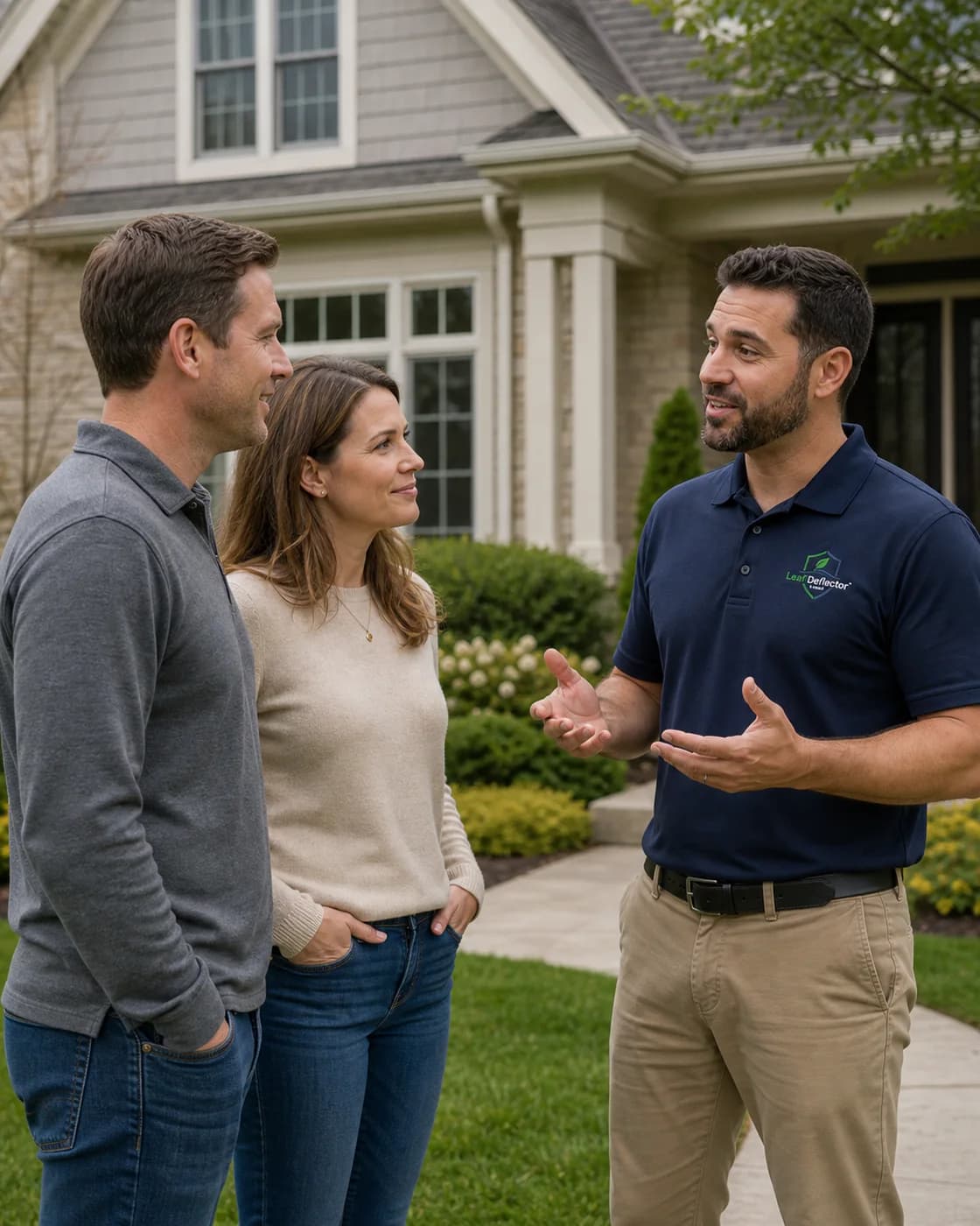 Leaf Deflector contractor speaking with homeowners outside their home