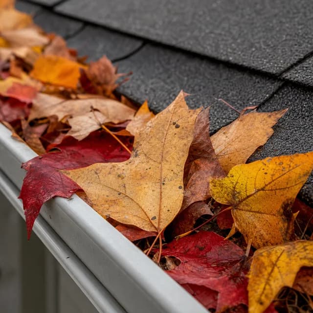 Red, amber, and gold autumn leaves collected along a roof and gutter edge
