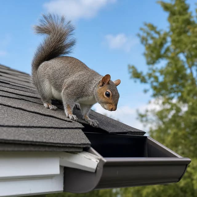 Gray squirrel perched at a residential roof edge beside an open gutter