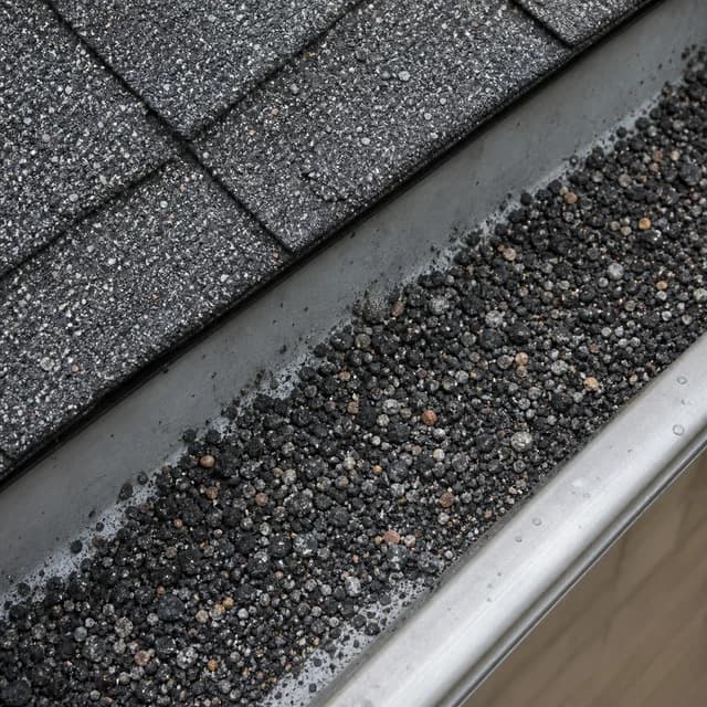 Asphalt shingle granules collected inside an unprotected metal gutter