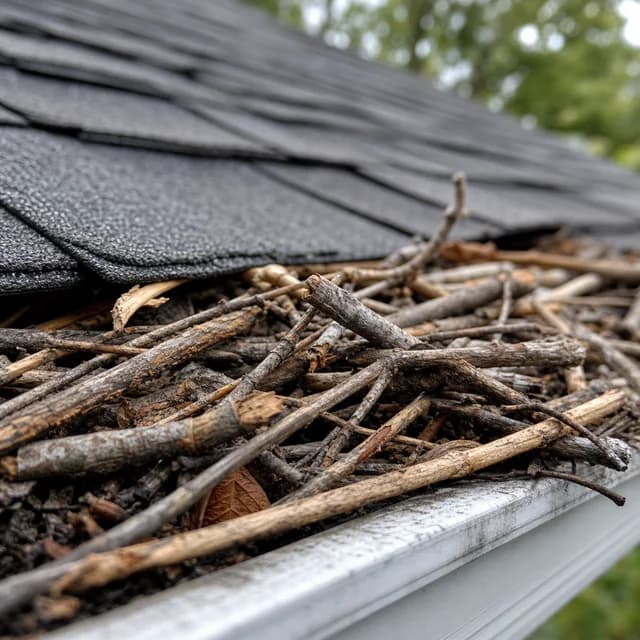 Dry sticks and twigs collected in an unprotected roof gutter