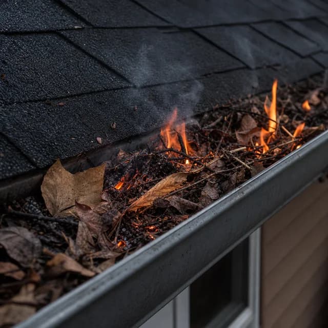 Dry leaves and twigs burning inside an unprotected roof gutter