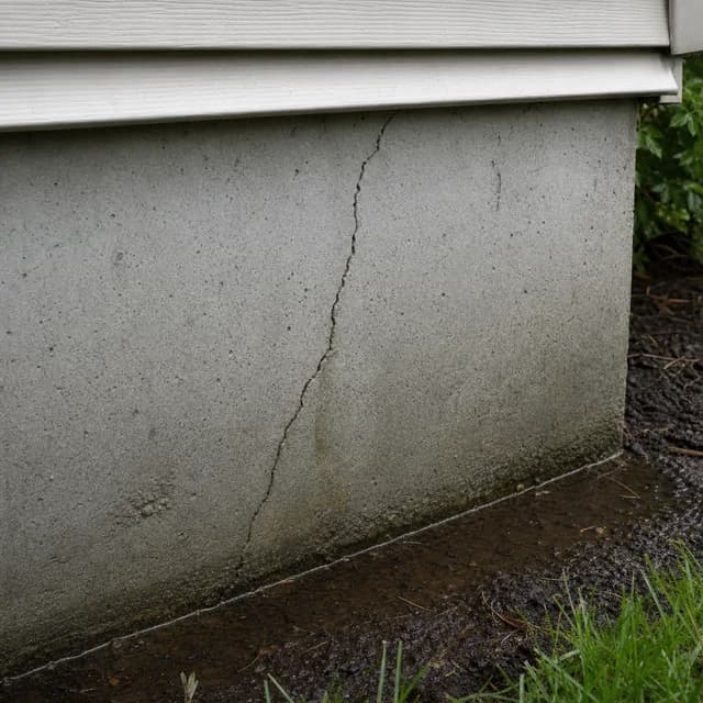 Crack in a damp residential concrete foundation above saturated soil