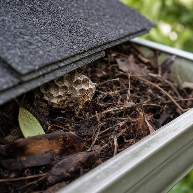 Paper wasp nest built among damp leaves and twigs in a roof gutter