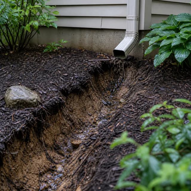 Rainwater carving a washout channel through landscaping beside a home