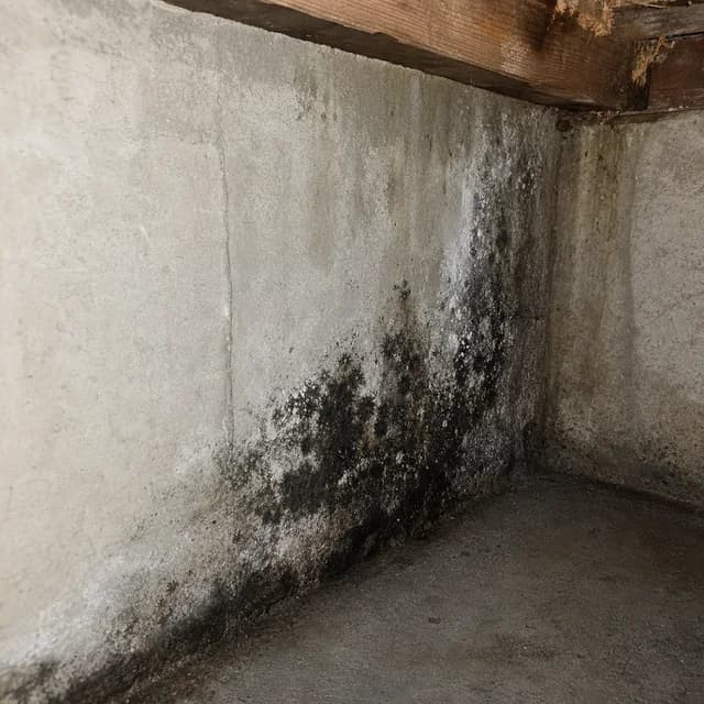 Mold and mildew growing on a damp basement concrete wall