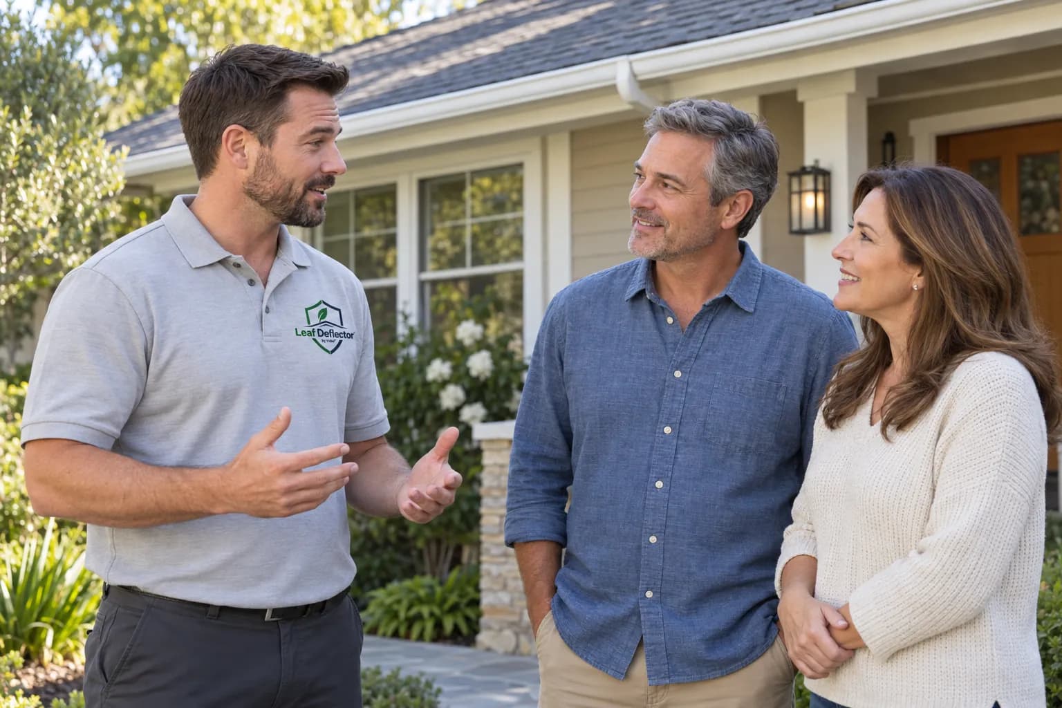 Contractor wearing a Leaf Deflector logo shirt talking with two homeowners outside a landscaped home