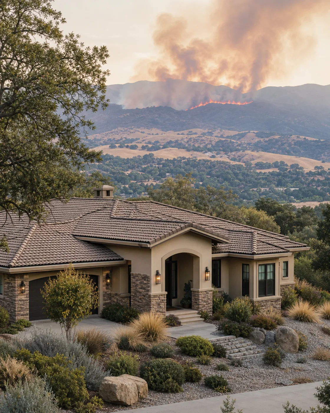 California foothill home with a distant wildfire burning across the hills
