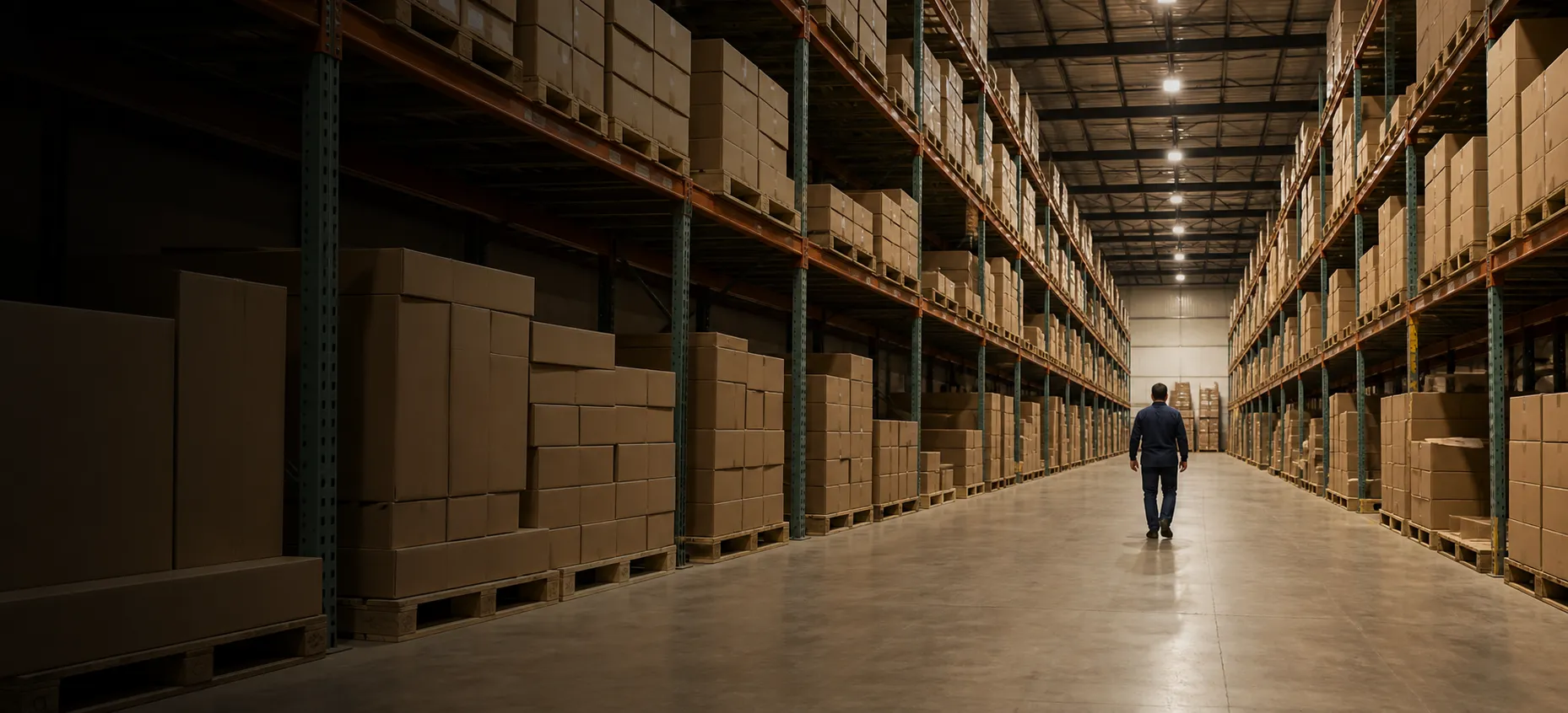 Modern distribution warehouse aisle with tall racks of boxed inventory and a worker walking through the aisle