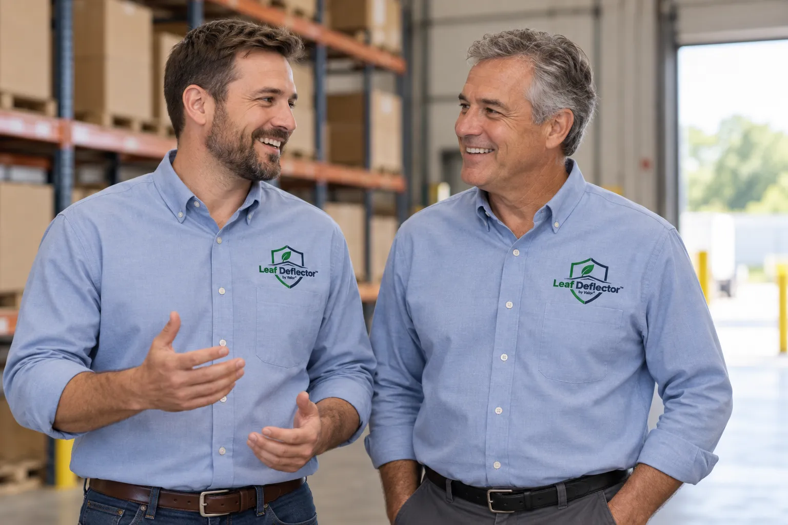 Two professionals wearing light blue Leaf Deflector logo shirts talking in a warehouse