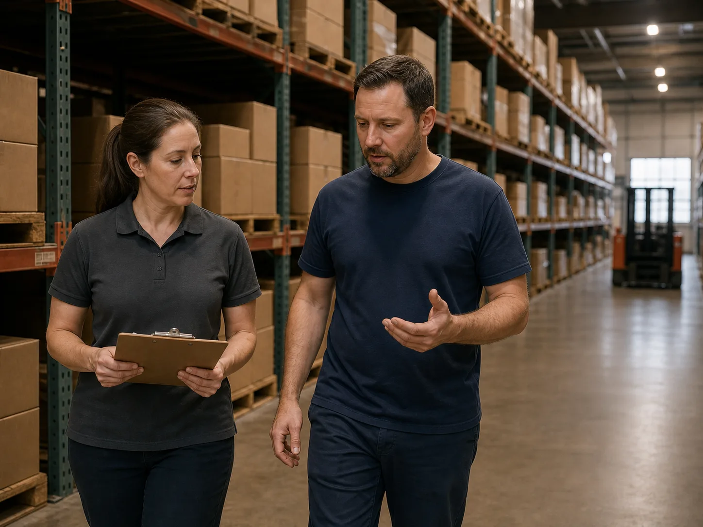 Contractor and supply-house professional discussing inventory in a building-products warehouse