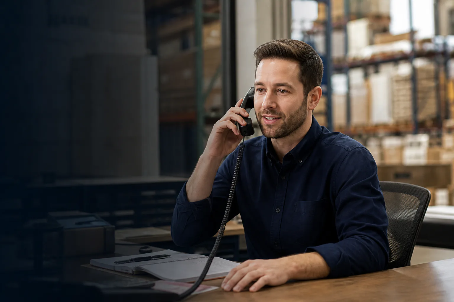Leaf Deflector account specialist speaking with a customer from a building-products office