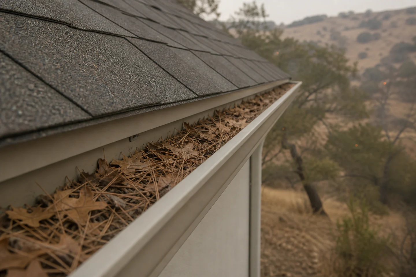 Dry leaves and pine needles accumulated inside an uncovered metal gutter in California foothill country