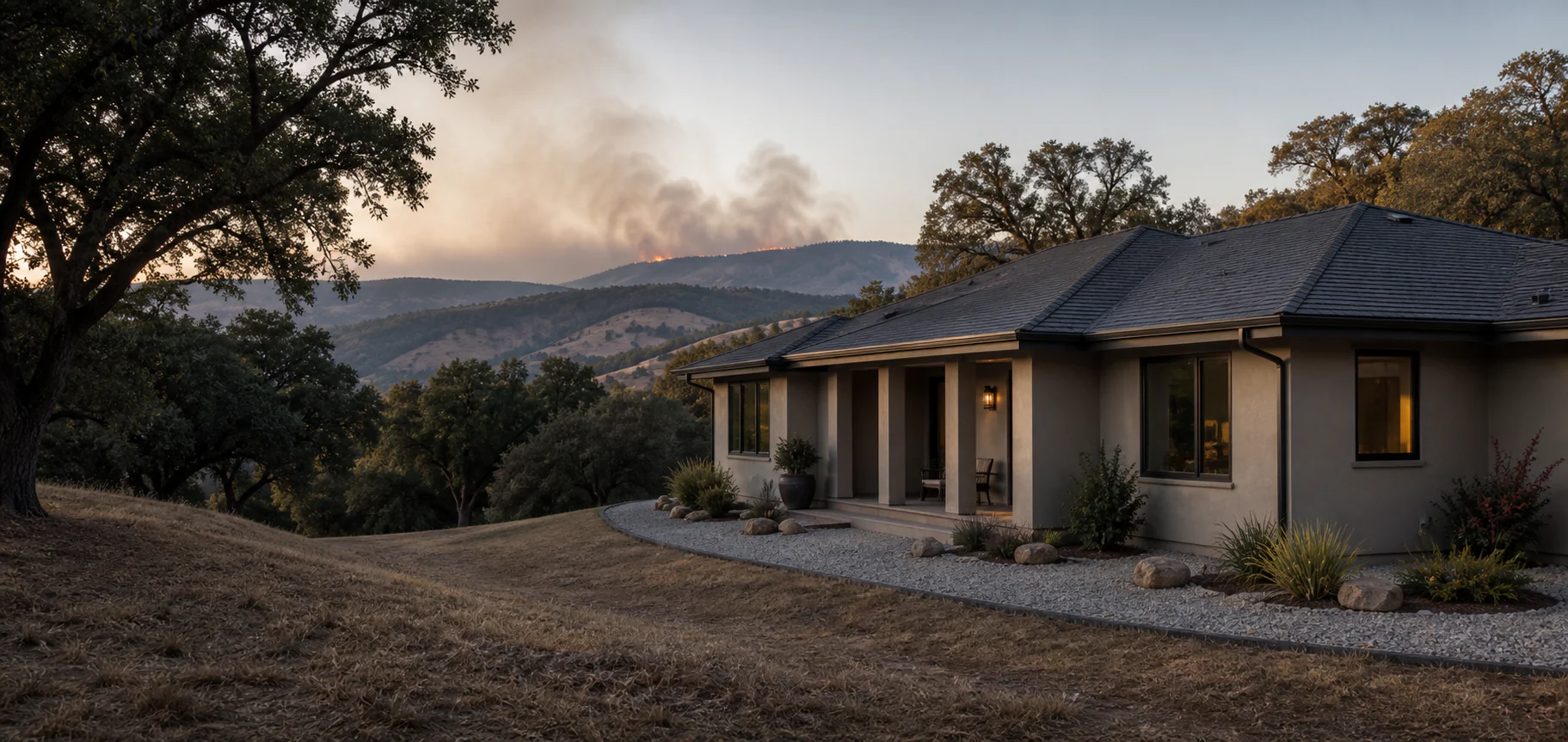 California foothill home with a maintained roofline and hardscaped perimeter as smoke rises from a distant ridge