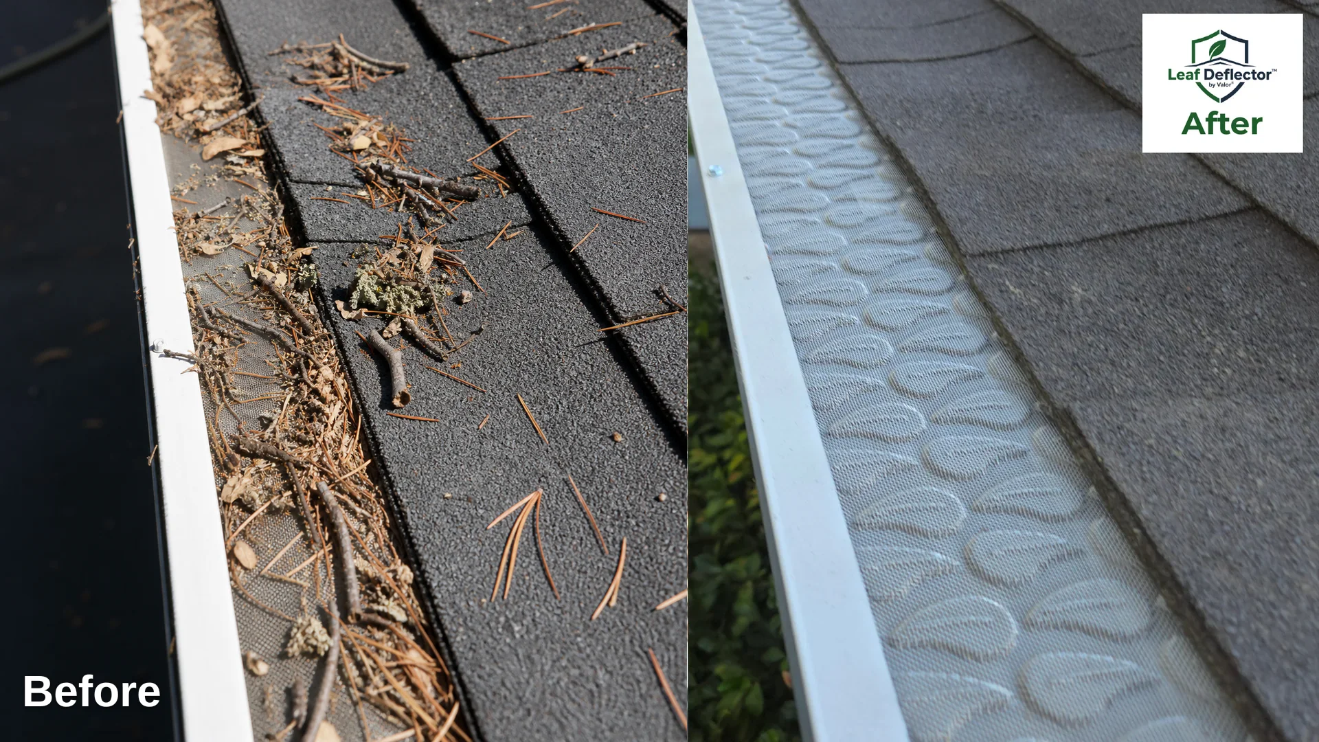 Before and after comparison of debris-covered gutter protection beside a clean Leaf Deflector gutter guard installation
