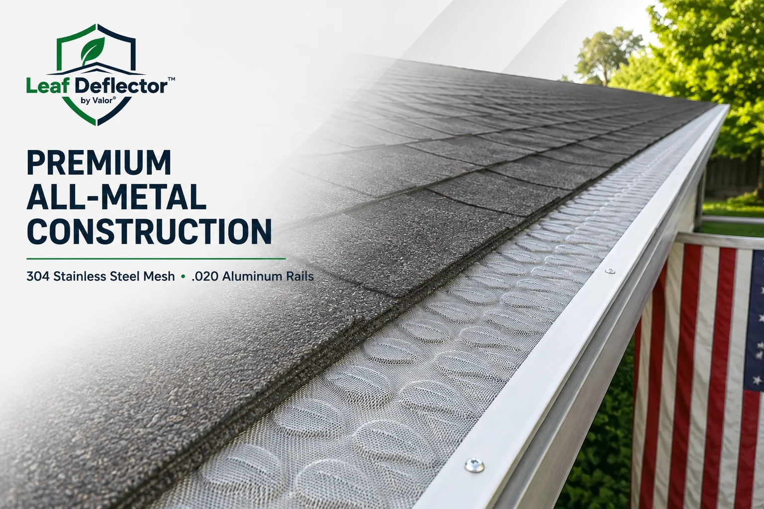 Leaf Deflector premium all-metal gutter guard installed along a shingle roofline with stainless steel mesh and aluminum rails