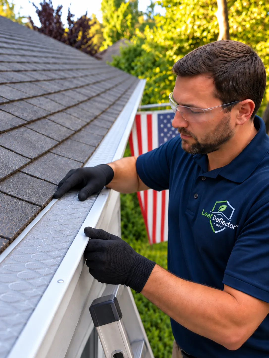 Installer in a navy Leaf Deflector shirt and safety glasses fitting a raised-mesh gutter guard along a shingle roof